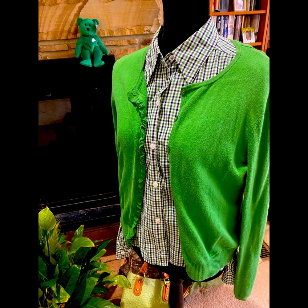 Ann Taylor Loft petites, green ruffle cardigan, MP